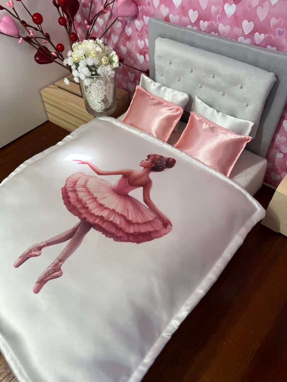 Babrbie doll Sized Bedding 1 6th scale pink ballerina ballet silk duvet pillows