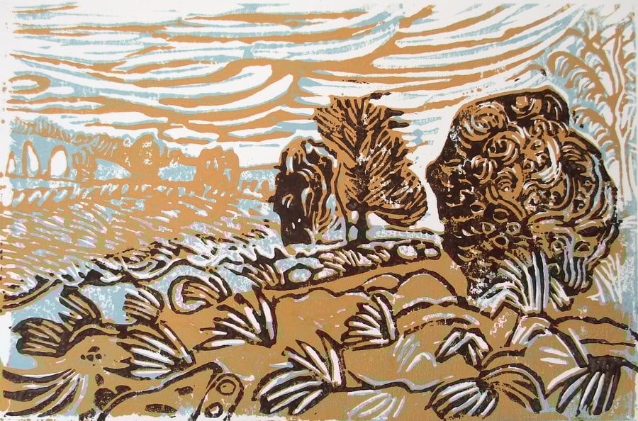 Avebury Standing Stones  Original Hand Pressed Linocut Print
