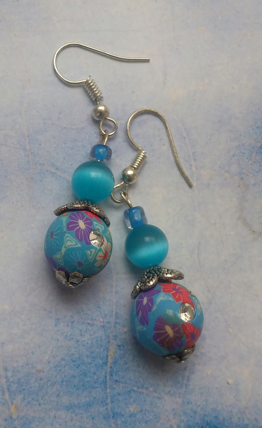Sparkly Flowery Blue and Green Earrings