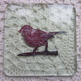  Handmade fused glass coaster - copper sparrow on pale pine tint