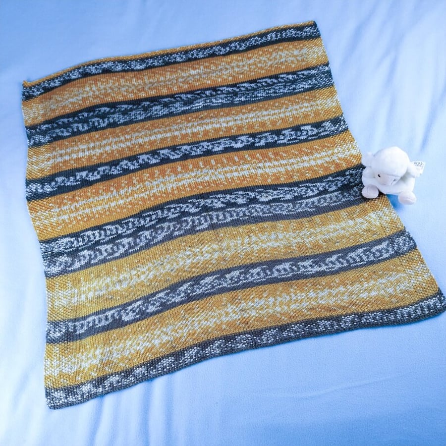 Hand Knitted Fair Isle Baby Blanket in Mustard Yellow and Grey