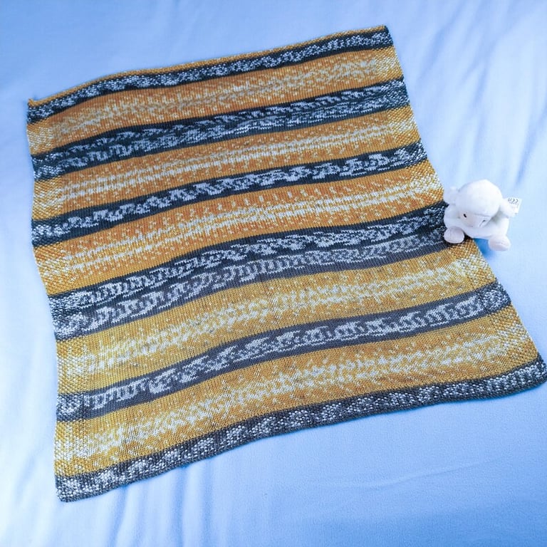 Hand Knitted Fair Isle Baby Blanket in Mustard Yellow and Grey