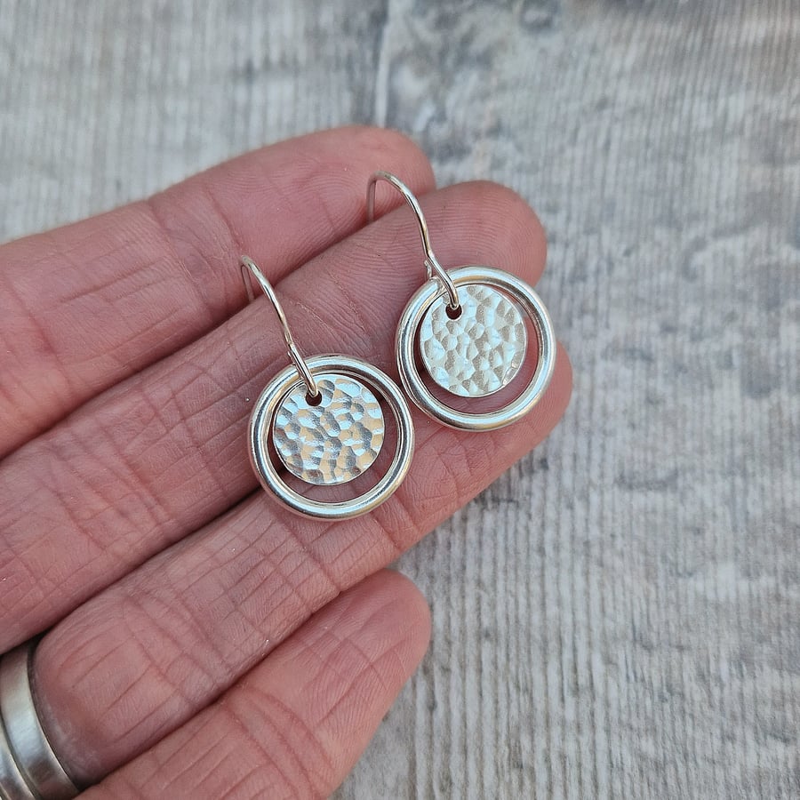 Sterling Silver Hammered Disc and Circle Drop Earrings
