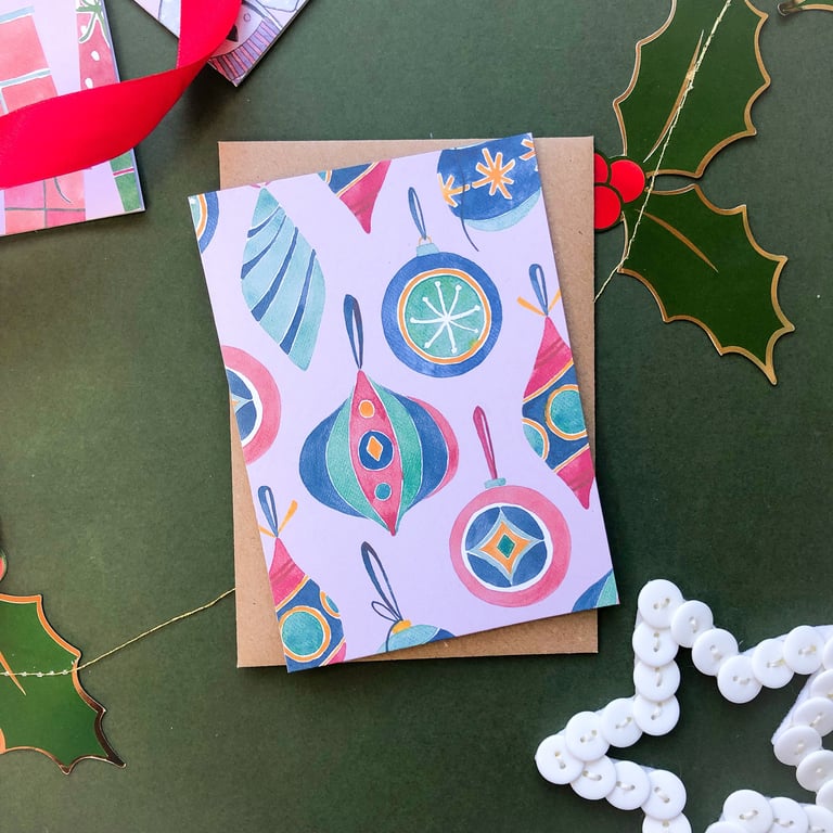Retro Christmas Baubles Card Single or Set of 5 A6 Cards Hand Painted Eco Friend