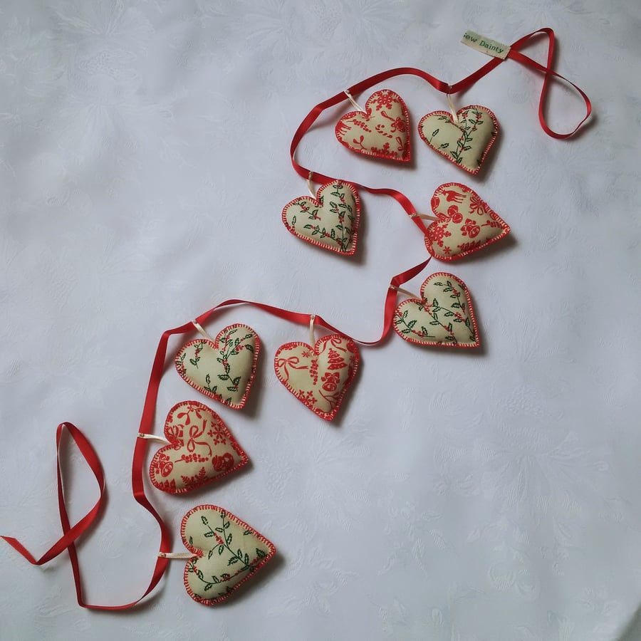 Christmas garland, red, cream, green, hearts, hand stitched