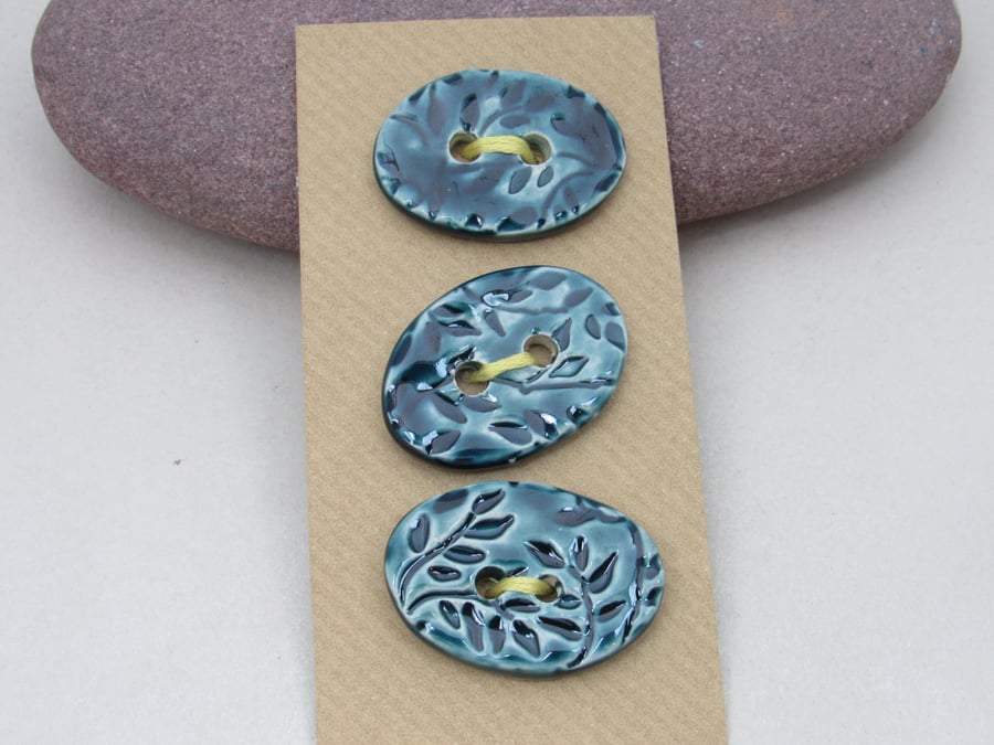 3 Medium Oval Petrol Blue Glazed Leaf Pattern Handmade Ceramic Buttons