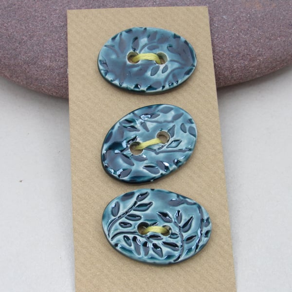 3 Medium Oval Petrol Blue Glazed Leaf Pattern Handmade Ceramic Buttons