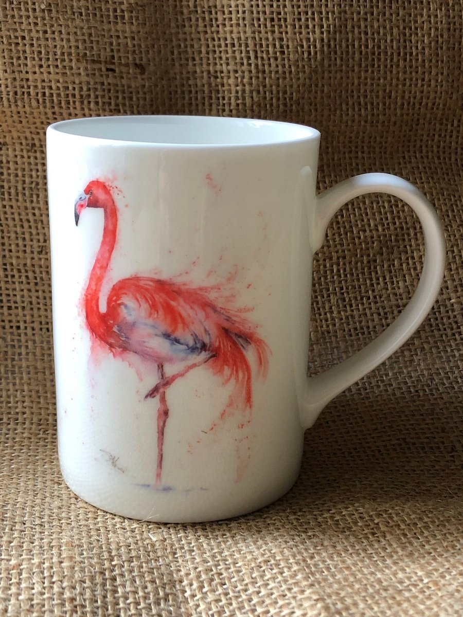 Flamingo Watercolour Bone China Mug, Wildlife Art Cups by Watercolour Artist San