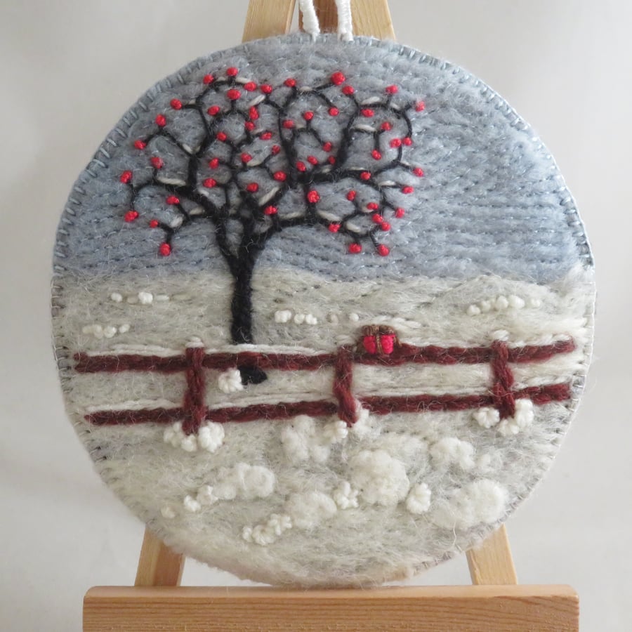 Two Tiny Robins in the Snow - Embroidered and Felted Plaque