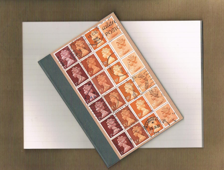 Upcycled Machin postage stamp notebook - burnt orange ombre, lined notebook