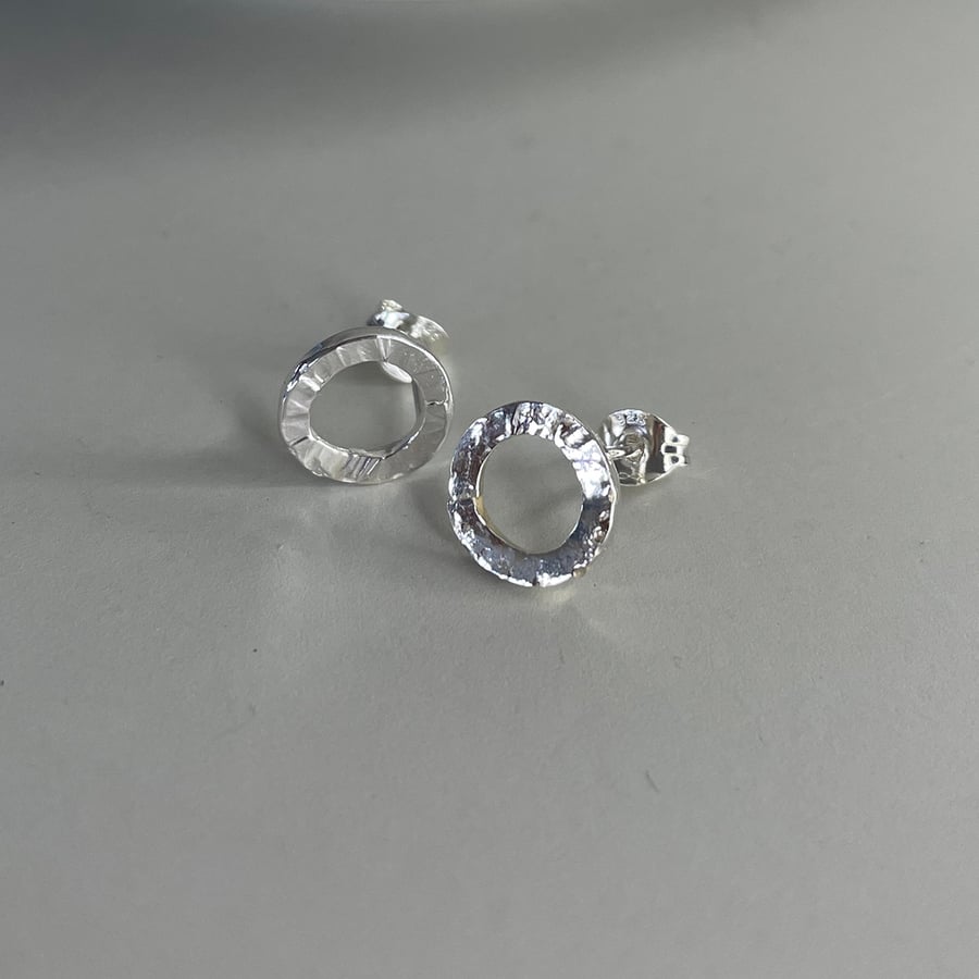 Sterling silver tiny circle hammered bark texture post earrings