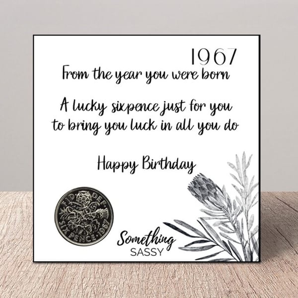 Lucky Sixpence Flat Birthday Card with Envelope can be personalised.
