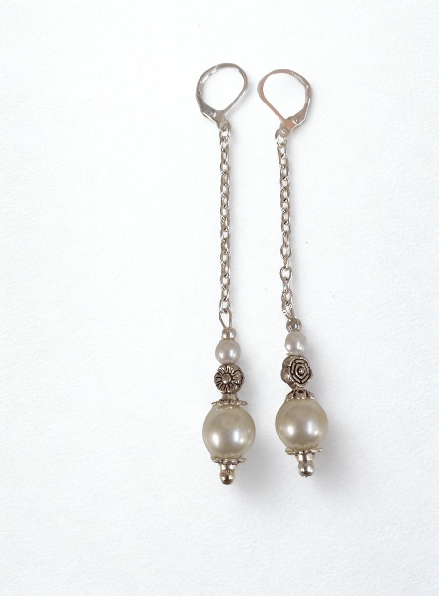 Long Silver Pearl & Daisy Drops