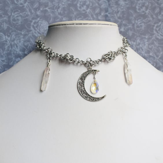 Crescent Moon and Quartz Chainmaille Choker