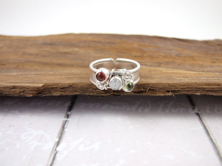 Wide Band Sterling Silver Ring, Peridot, Carnelian and Moonstone, Adjustable 