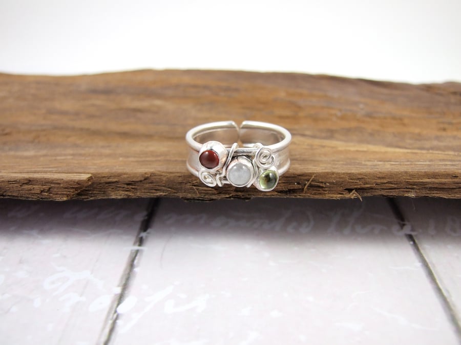 Wide Band Sterling Silver Ring, Peridot, Carnelian and Moonstone, Adjustable 