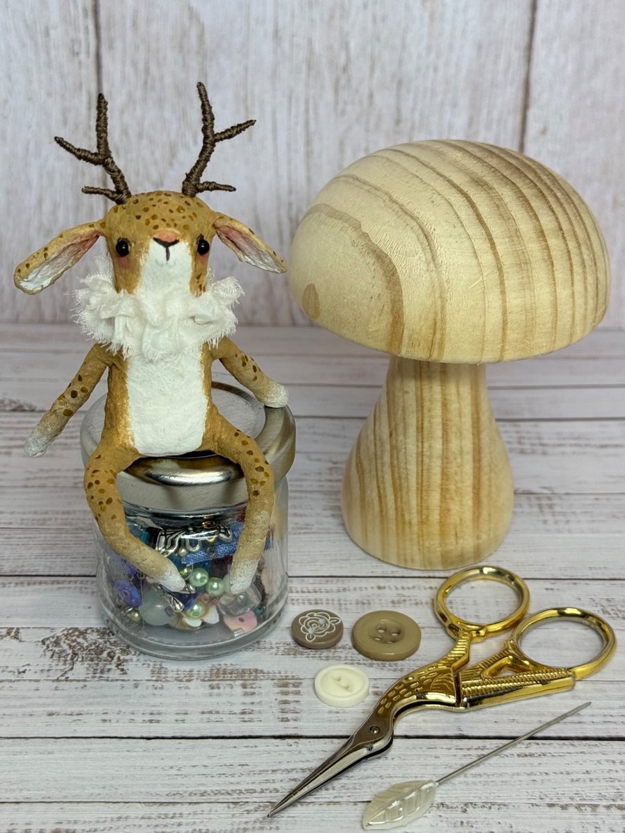 Spun Cotton Sitting Jackalope Art Doll Caramel