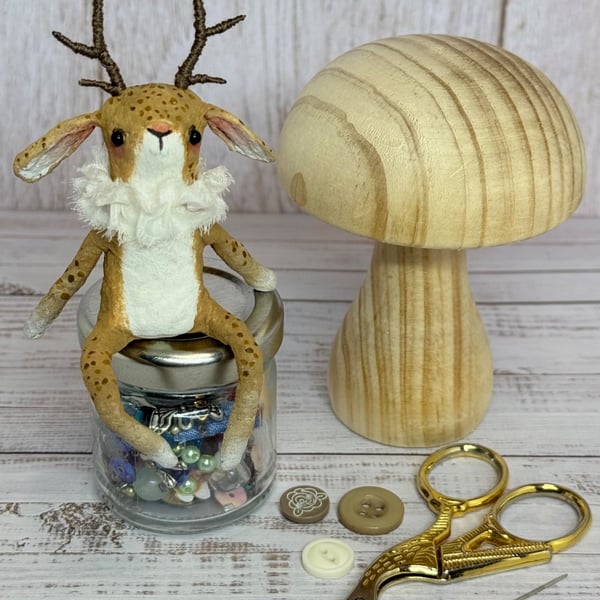 Spun Cotton Sitting Jackalope Art Doll Caramel