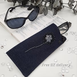 Glasses case dark denim dandelion beading. 