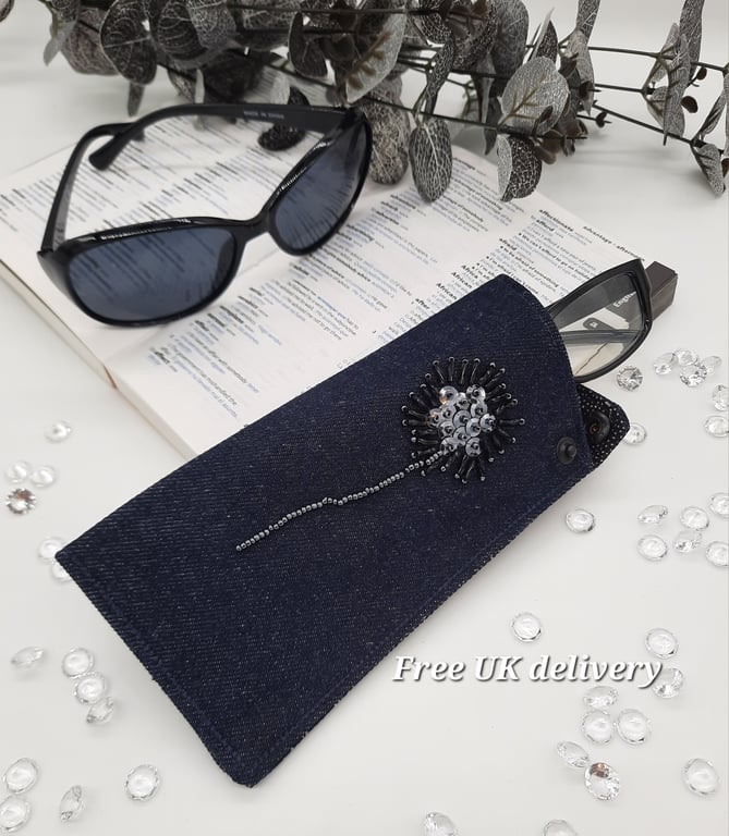 Glasses case dark denim dandelion beading. 