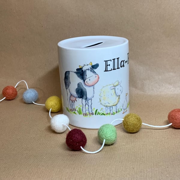 Little Farmer Piggy Bank – Custom Name Money Box with Countryside Animals