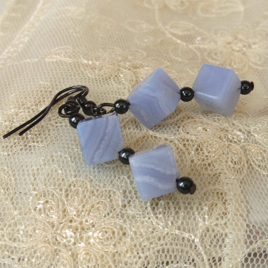 Blue lace agate cube earrings