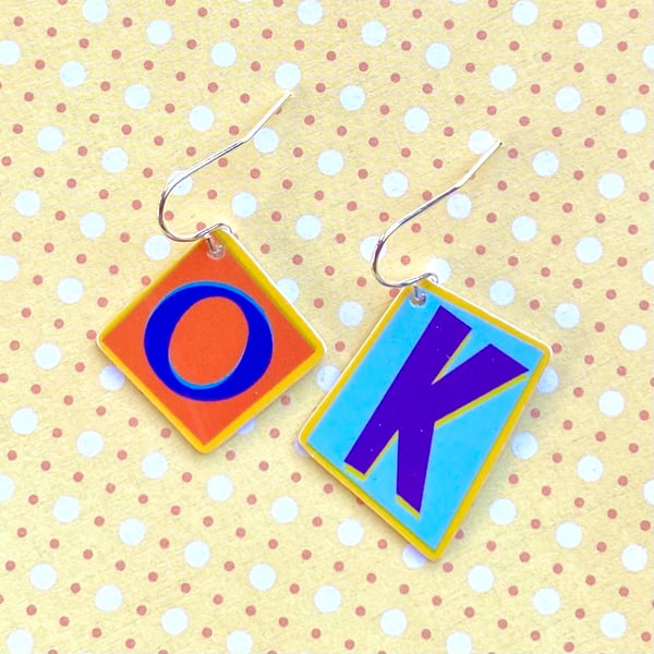 Recycled plastic OK graphic letter orange and blue earrings