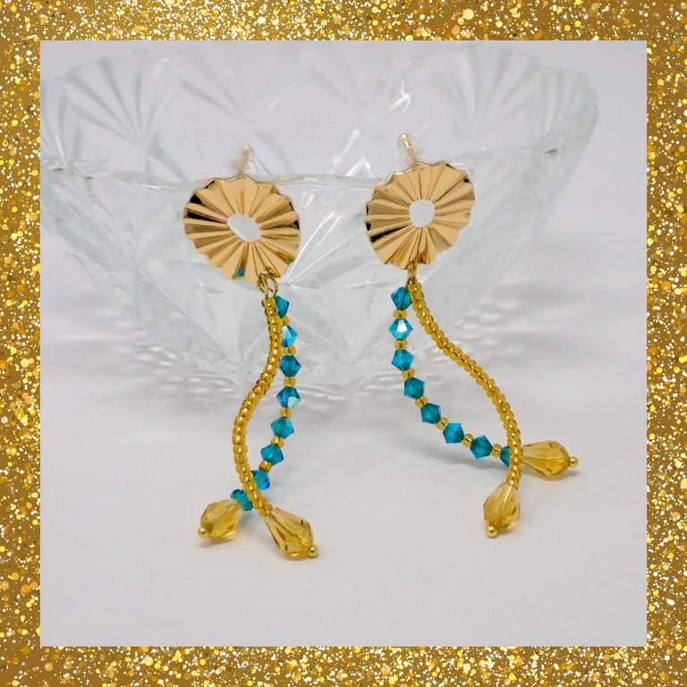 Statement Sparkly Gold and Teal Beaded Dangle Earrings 