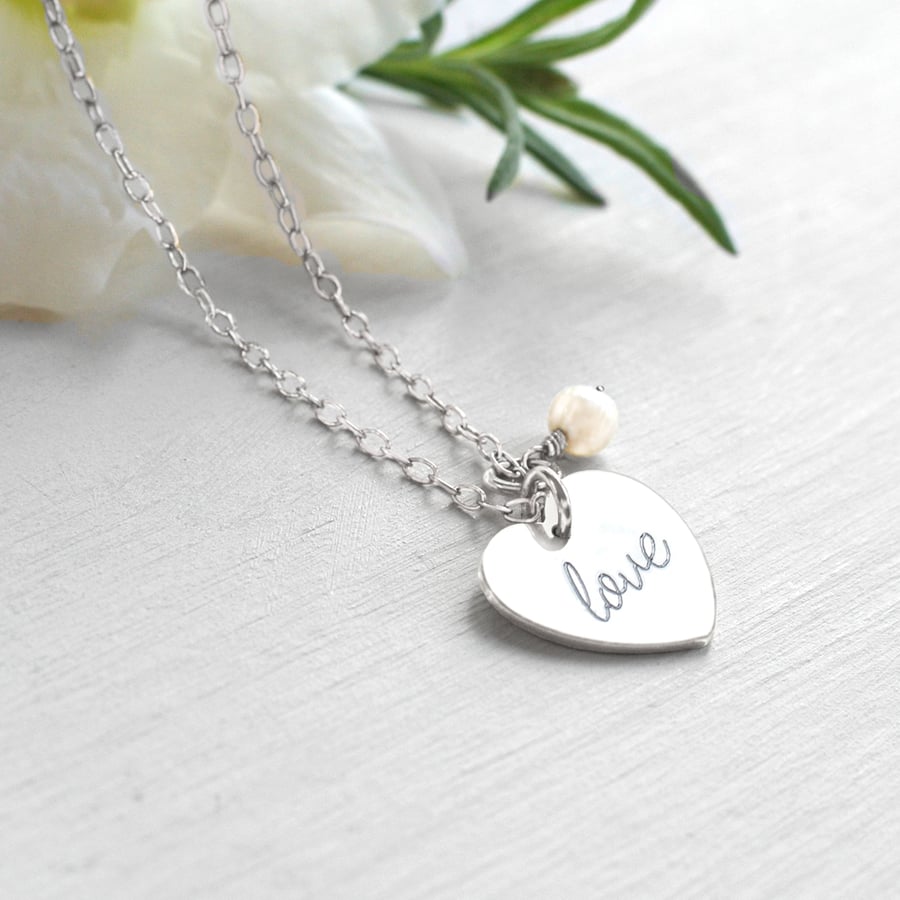 Personalised Sterling Silver 'love' Heart and Freshwater Pearl Necklace