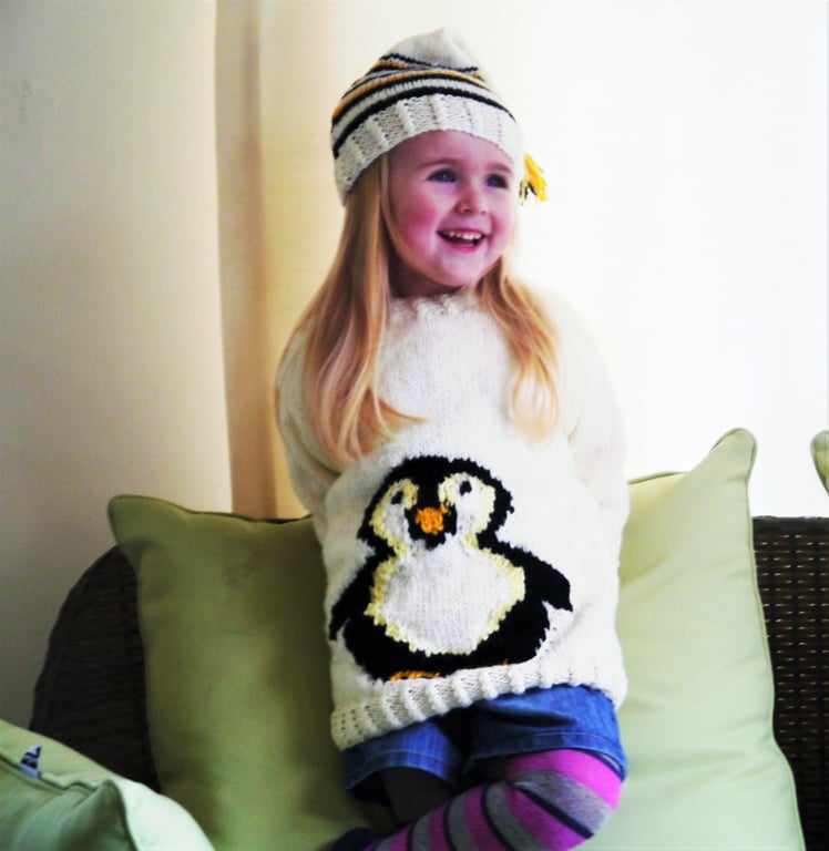 Knitting Pattern Child's Penguin Jumper and Hat.  Digital Pattern