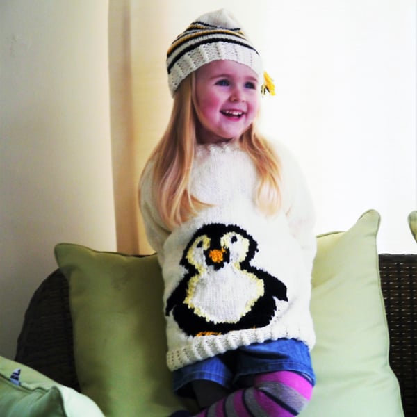 Knitting Pattern Child's Penguin Jumper and Hat.  Digital Pattern