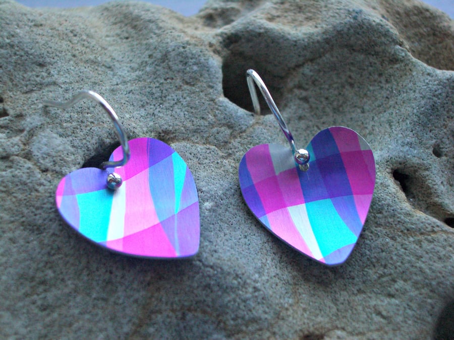 Heart earrings with blue pink and purple checks