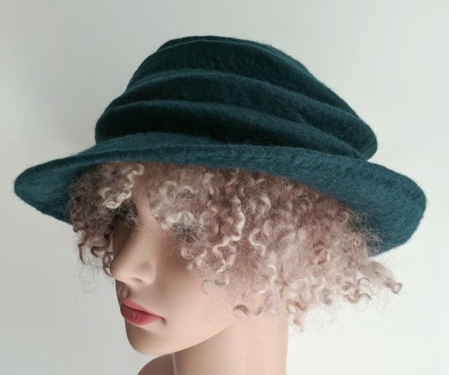Petrol felted wool hat - 'The Crush' - designed to pack flat