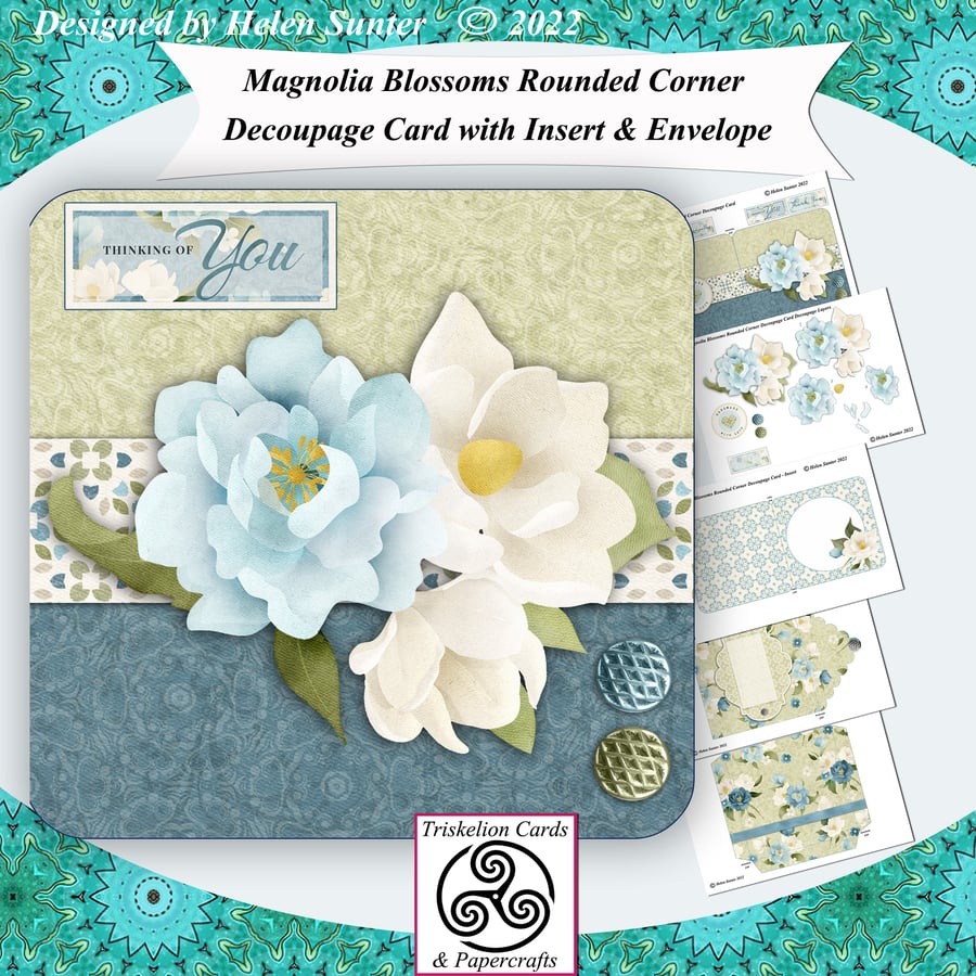 Printable Magnolia Blossoms Rounded Corner Decoupage Card with Insert & Envelope