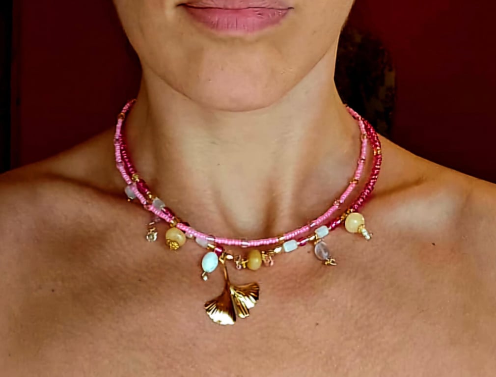 Pink Glass Beads and Gemstones Choker, Golden Ginkgo Leaf, Barbiecore Statement 