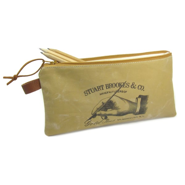 Pencil Bag, Pencil Case, Tan Canvas, Vintage Pen Advert