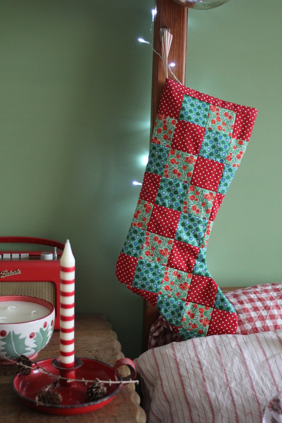 Patchwork stocking made from green and red Liberty berry and star fabrics 
