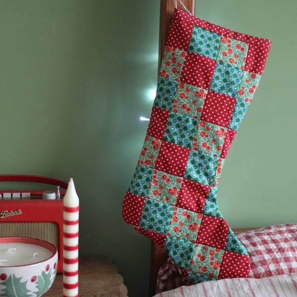 Patchwork stocking made from green and red Liberty berry and star fabrics 