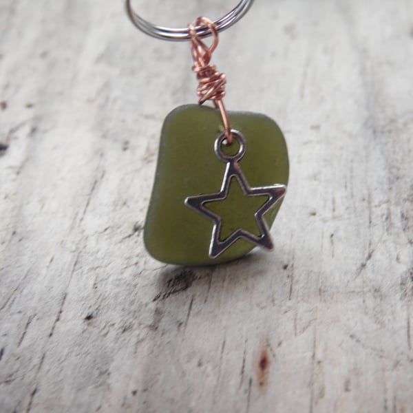 Deep Olive Green Cornish Sea Glass with Star Charm Bag Charm Keyring K498