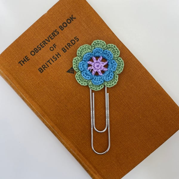 Flower paperclip bookmark in lilac, blue & green