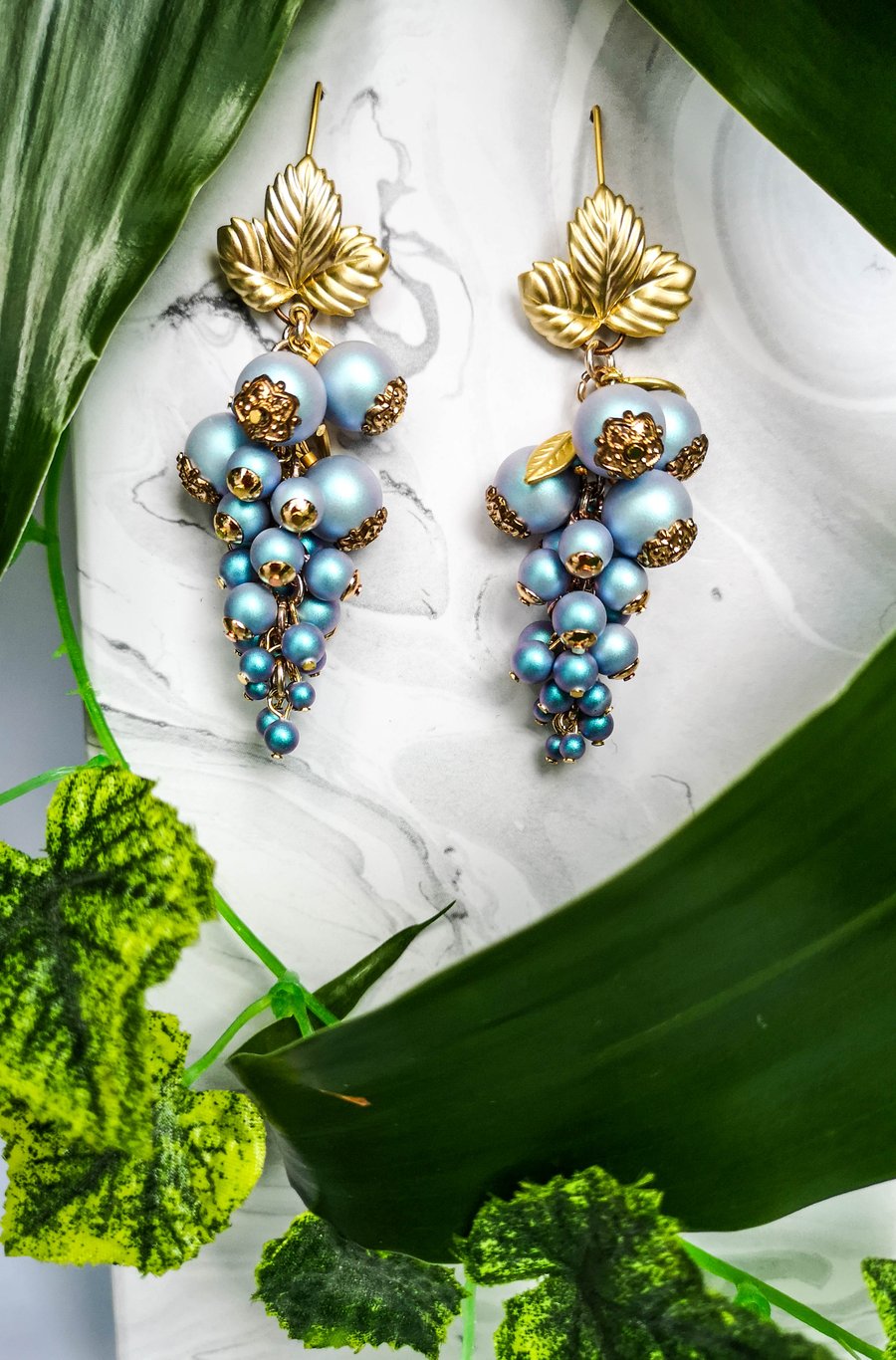 Swarovski pearl shimmering blue golden berries cluster earrings