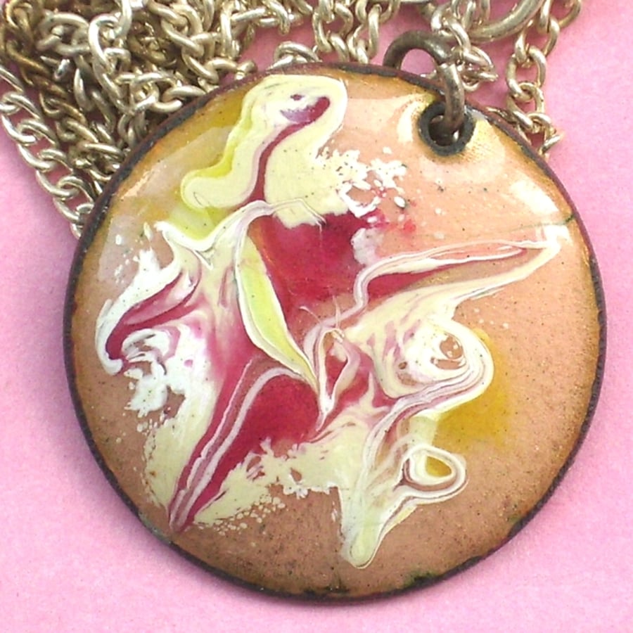 round pendant - scrolled, white, red, yellow over golden brown