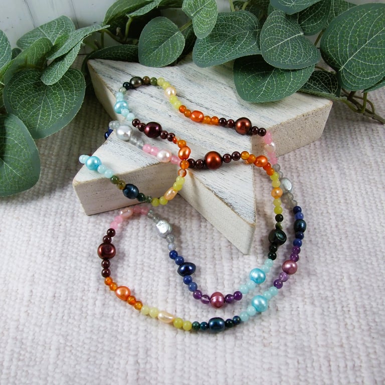 Long Mixed Rainbow Pearl and Gemstone Necklace 