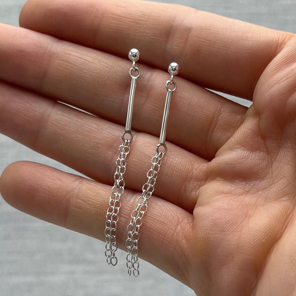 Chain & Bar Drop Earrings - Handmade, Sterling Silver 