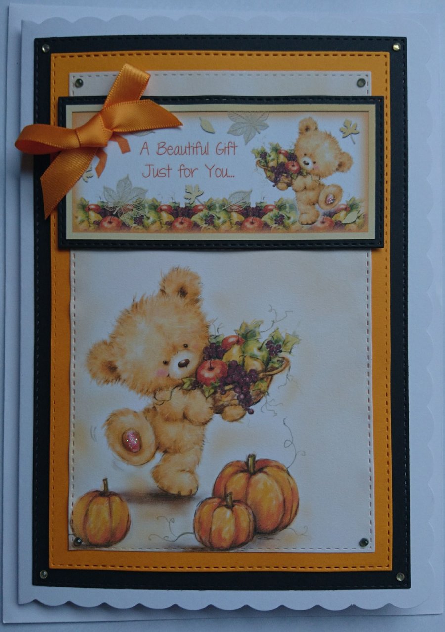 Autumn Birthday Card Harvest Teddy Bear A Beautiful Gift Just For You 3D Luxury