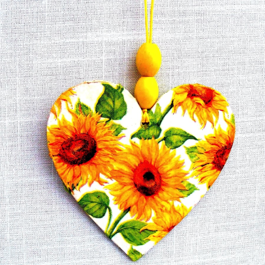 Sunflower decoupaged wooden heart wall decoration