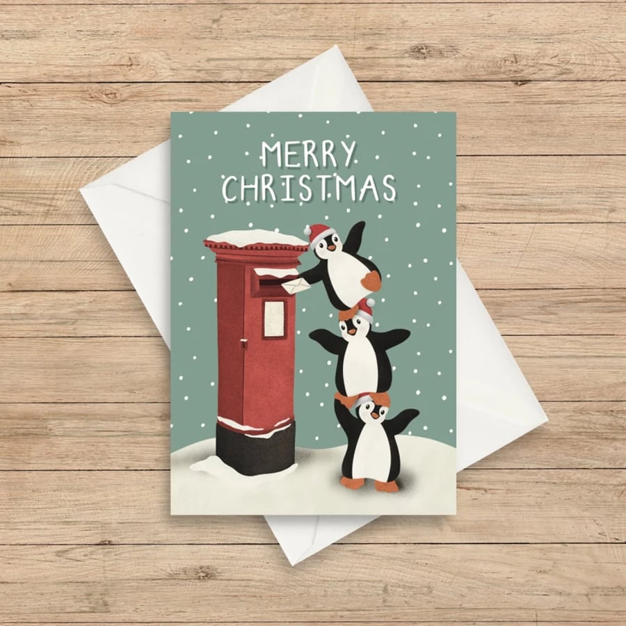 Green Penguin Post Box Cute A6 Sized Christmas Card 