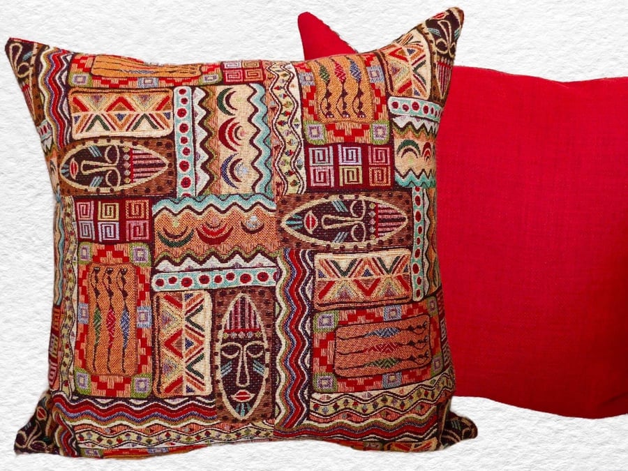 Cushion with Pad: Tapestry Africa design Red reverse 17" (43cm)