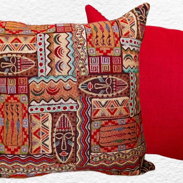 Scatter Cushion: Tapestry Africa design Red reverse 17” (43cm)