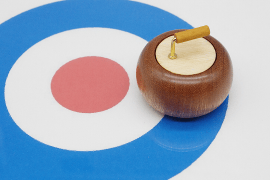Small Wooden Ring Box. Handmade in the form of a miniature curling stone.